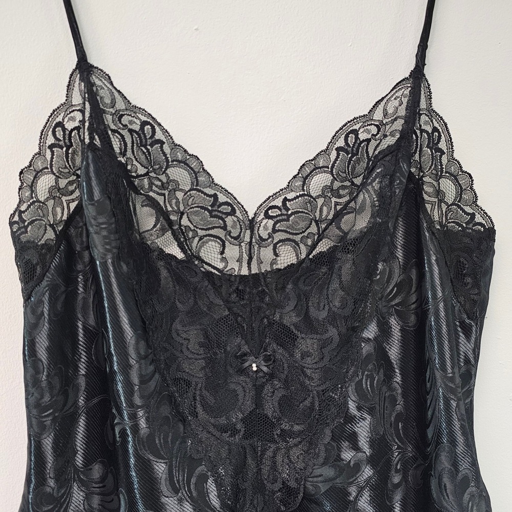 Vintage 90s Shirley of Hollywood Cami L Black Lace Bow Pearl Coquette Whimsigoth - Picture 11 of 11